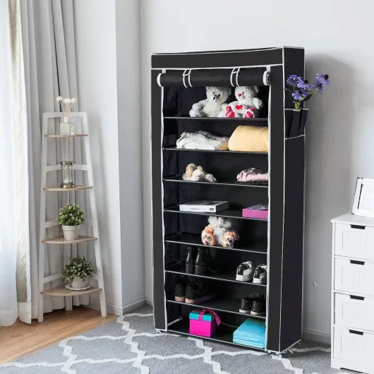 10 Tier 27 Pair Space Saving Shoe Tower Rack with Fabric Cover-Black