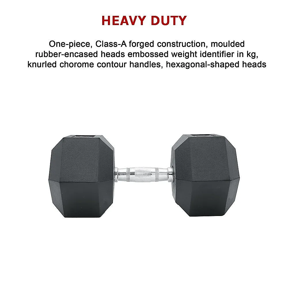 10KG Rubber Hex Dumbbell, Ergonomic, Contoured Handles