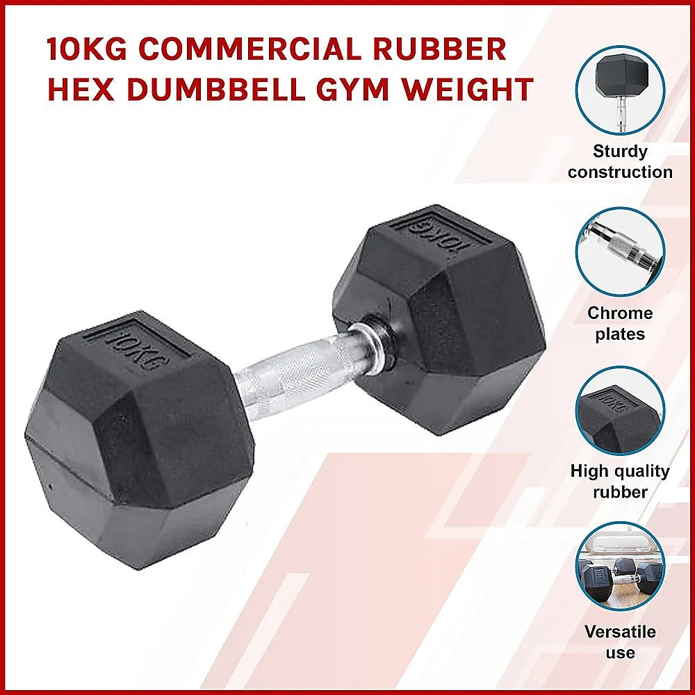 10KG Rubber Hex Dumbbell, Ergonomic, Contoured Handles