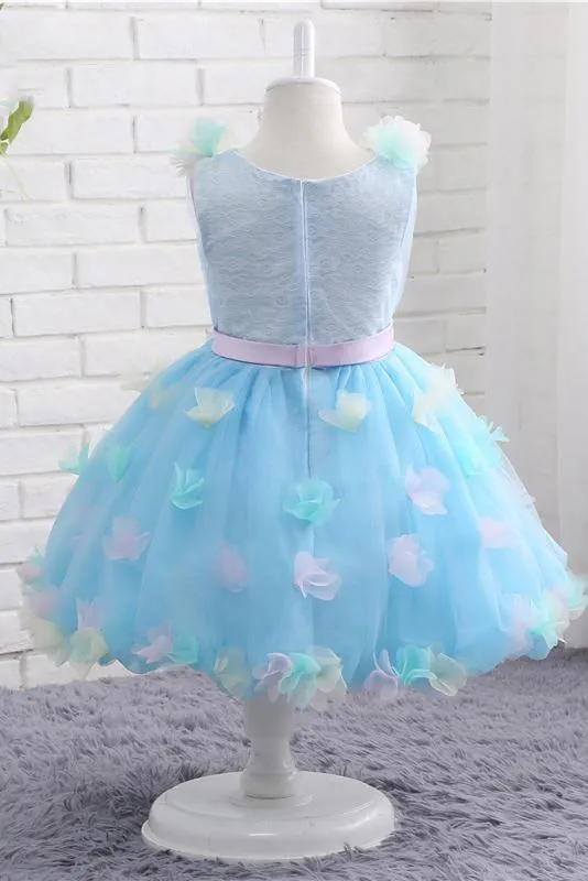 A-Line V Neck Sky Blue Tulle Flower Girl Dress with Applique Bow UF060