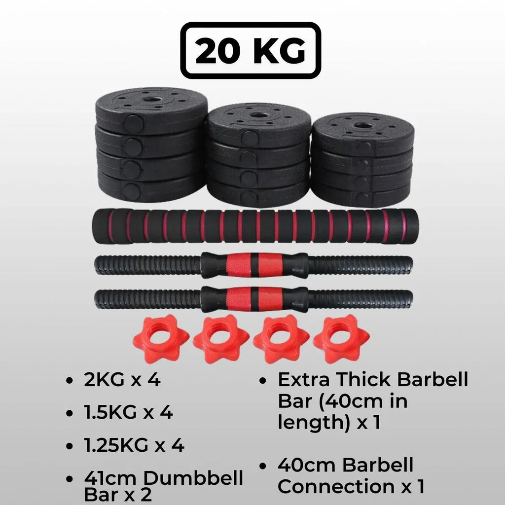 Adjustable 20KG Rubber Dumbbells with Barbell, Non-Slip Grip