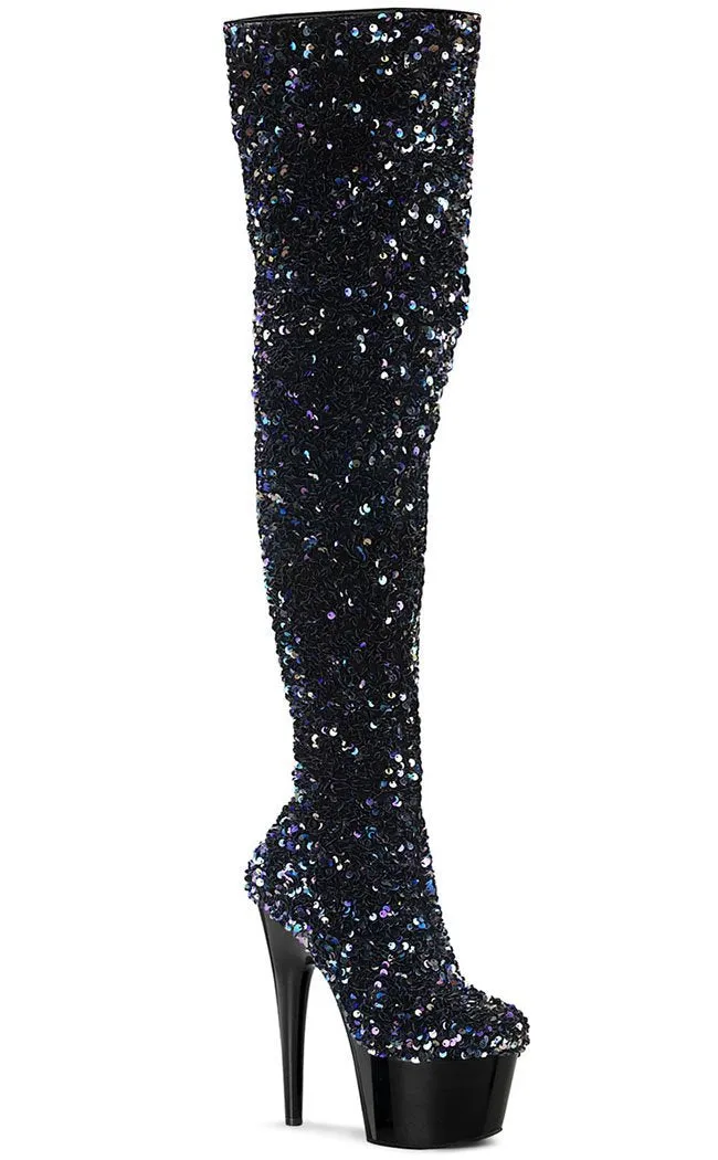 ADORE-3020 Black Sequin Thigh High Boots