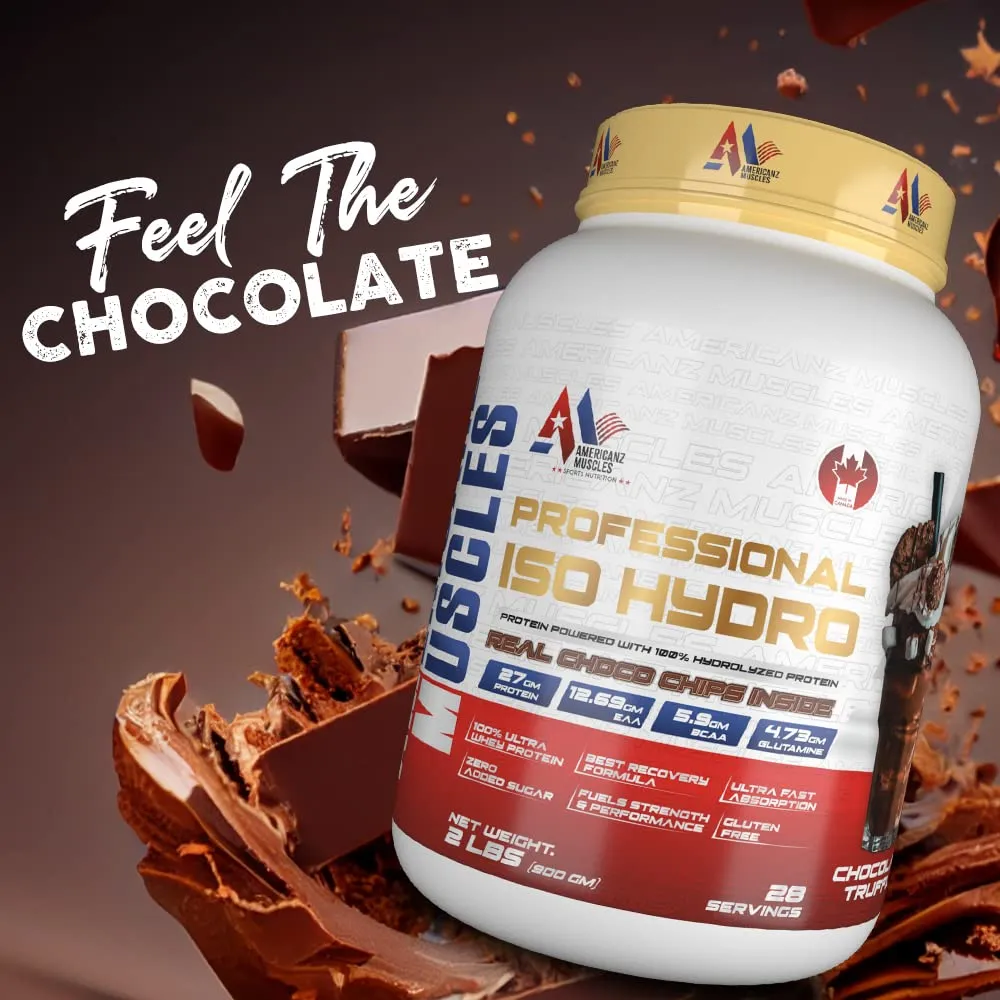 Americanz Muscles Professional ISO HYDRO Protein | 27g Per Scoop | 28 Servings | Chocolate Truffle, 2 LBS | Whey Isolate Muscle Building Supplement | FSSAI Approved | Imported