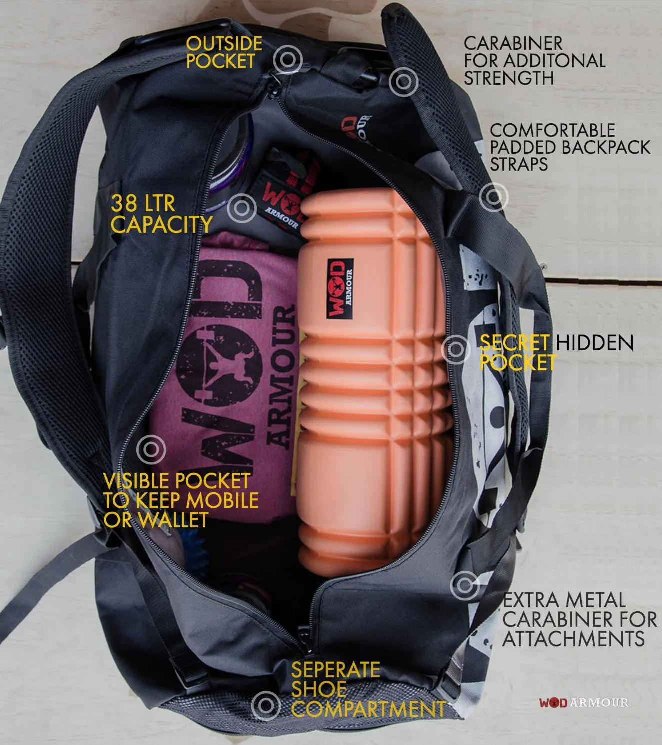 Armour Gym and Travel Bag with carabiner