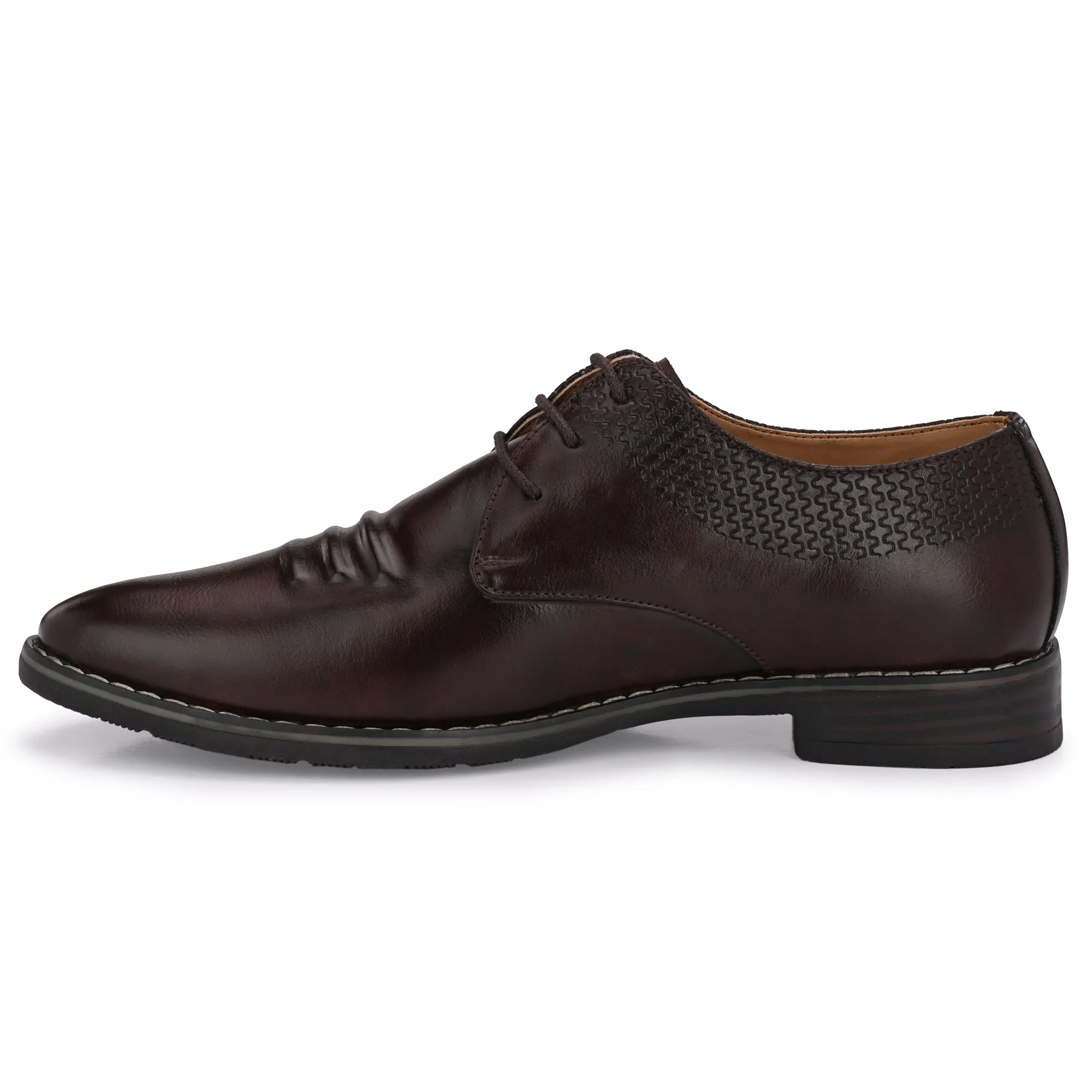 Attitudist Unisex Handcrafted Derby Brown Formal Lace-up Shoes With Round Toe And Textured Vamp