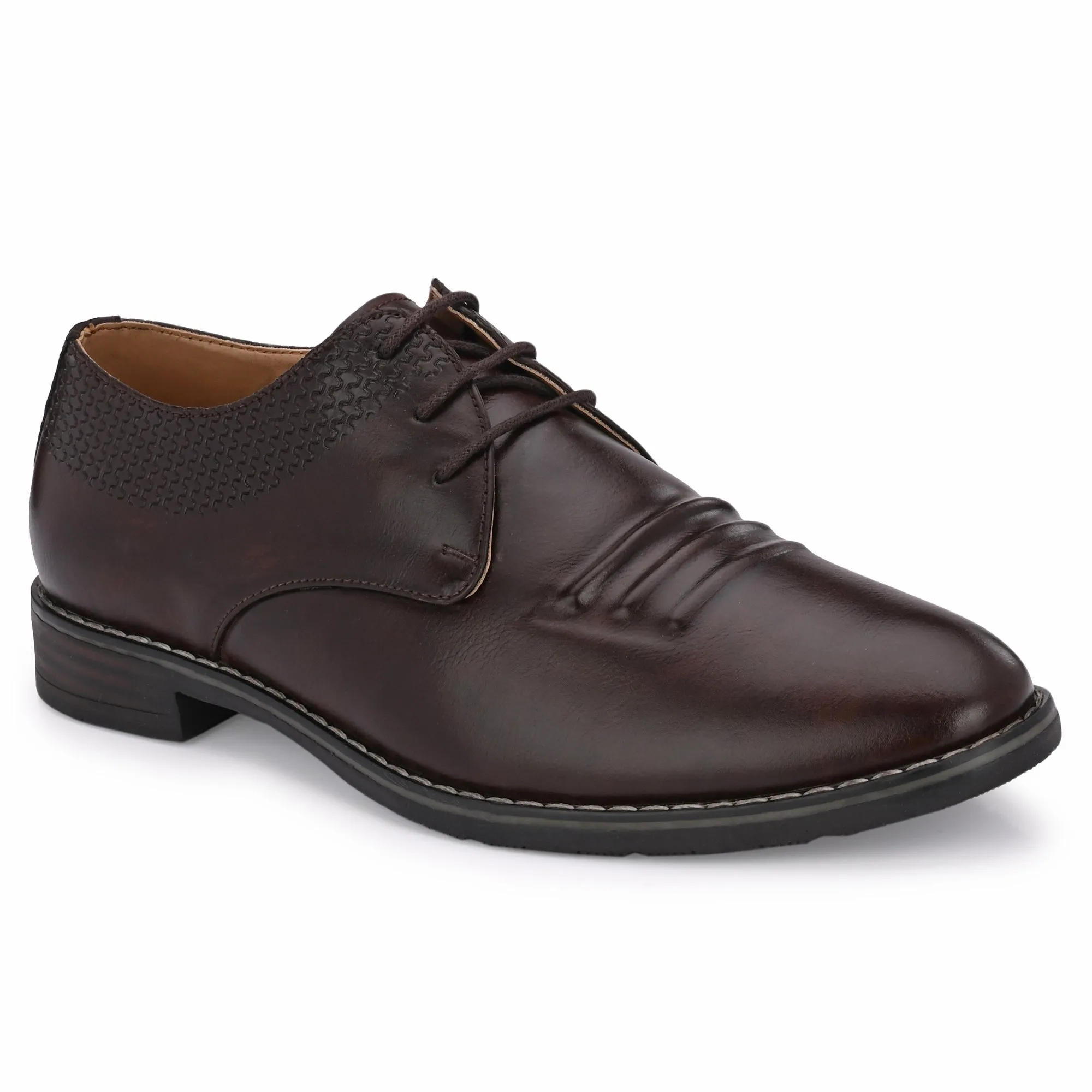 Attitudist Unisex Handcrafted Derby Brown Formal Lace-up Shoes With Round Toe And Textured Vamp