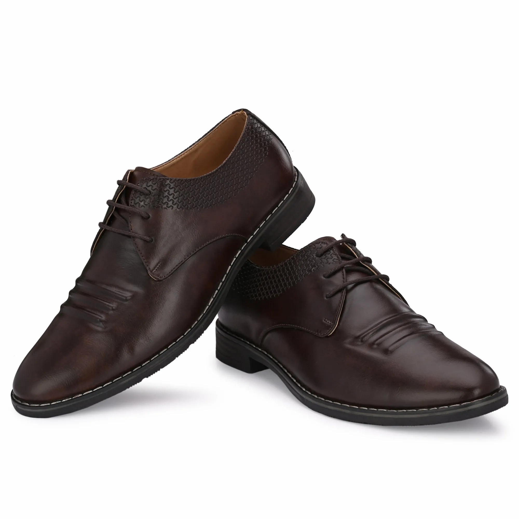 Attitudist Unisex Handcrafted Derby Brown Formal Lace-up Shoes With Round Toe And Textured Vamp