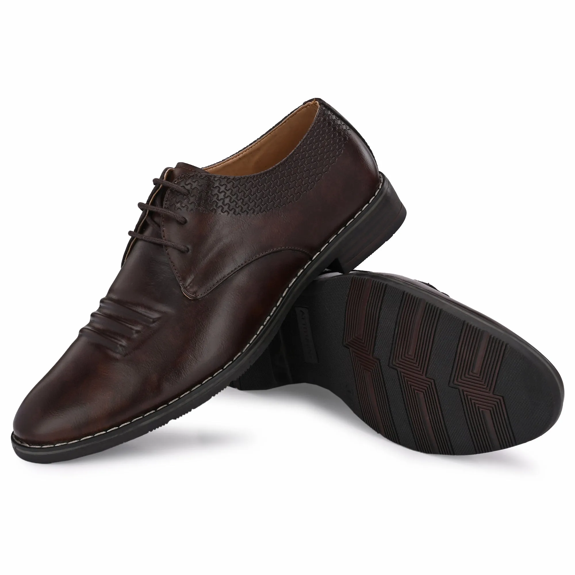 Attitudist Unisex Handcrafted Derby Brown Formal Lace-up Shoes With Round Toe And Textured Vamp