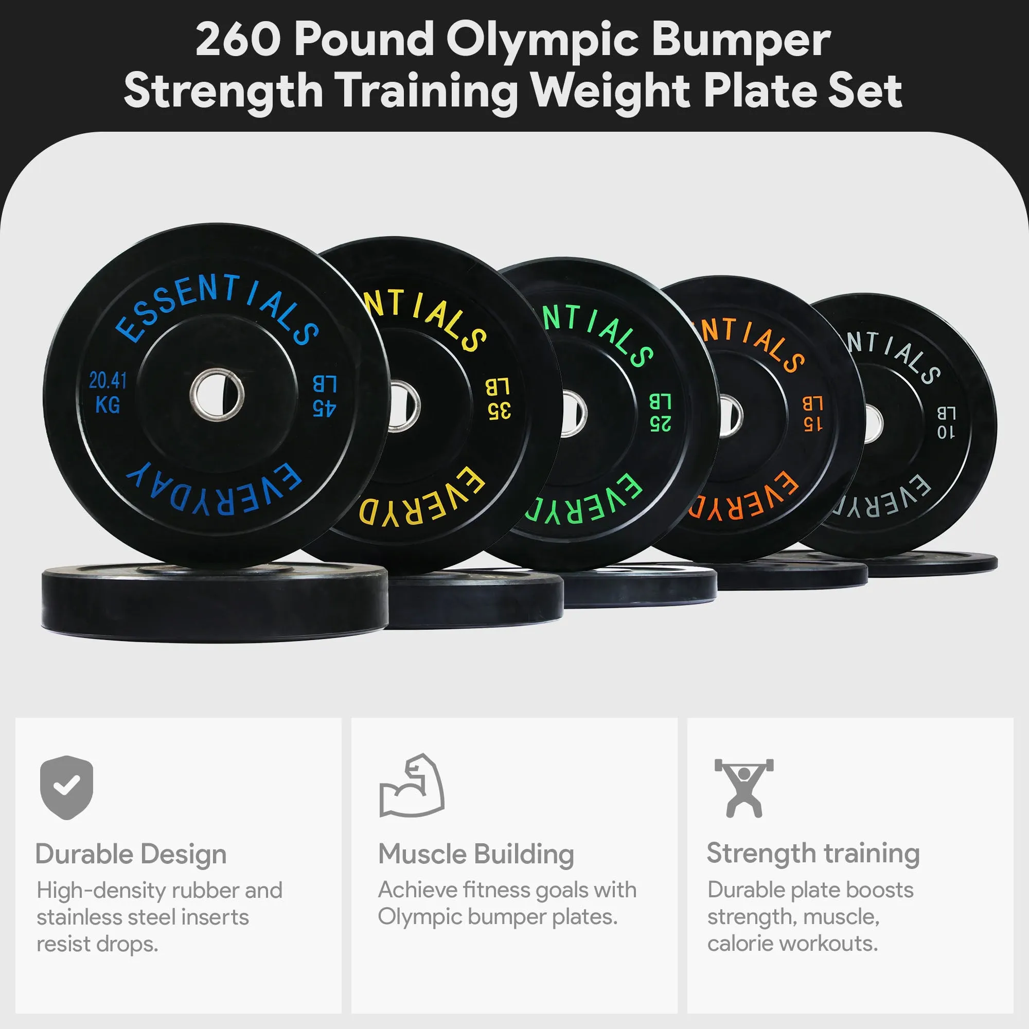 BalanceFrom Fitness 260 Pound Olympic Bumper Strength Training Weight Plate Set