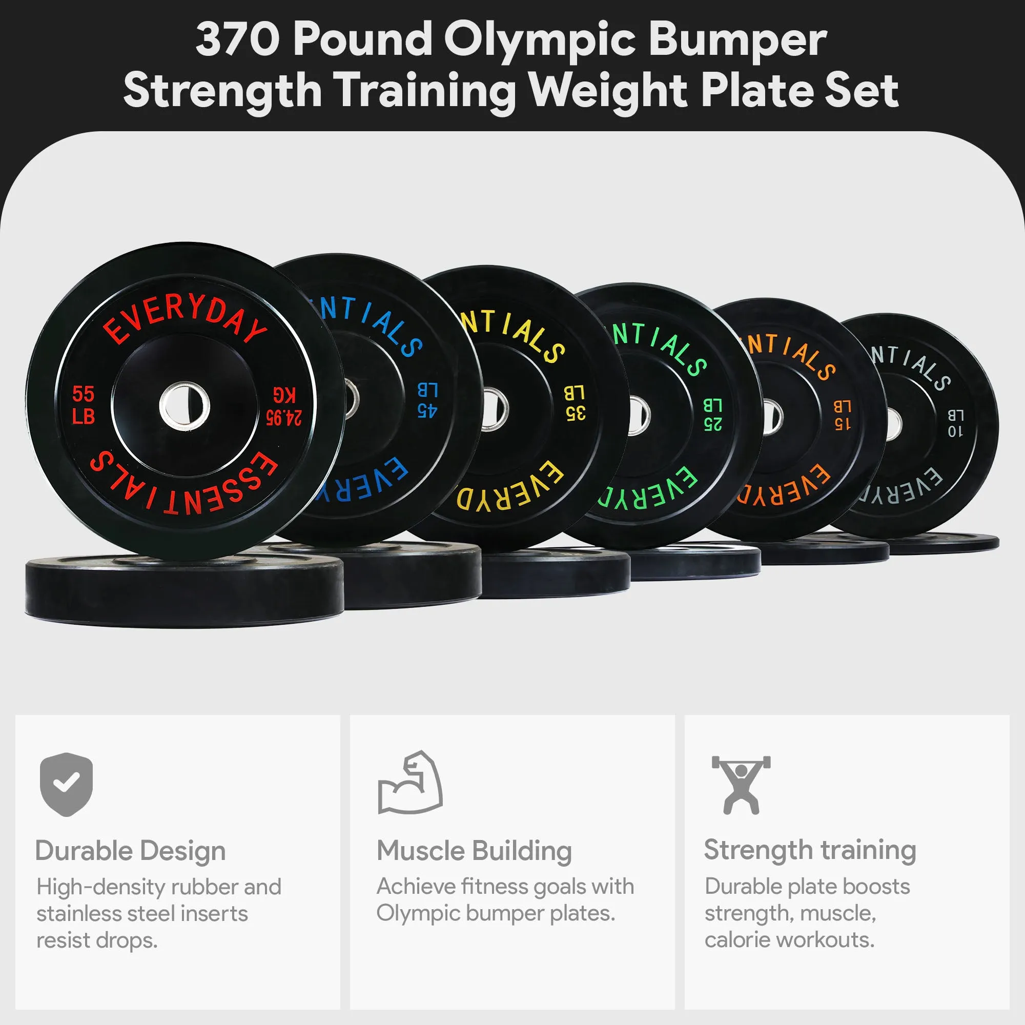 BalanceFrom Fitness 370 Pound Olympic Bumper Strength Training Weight Plate Set