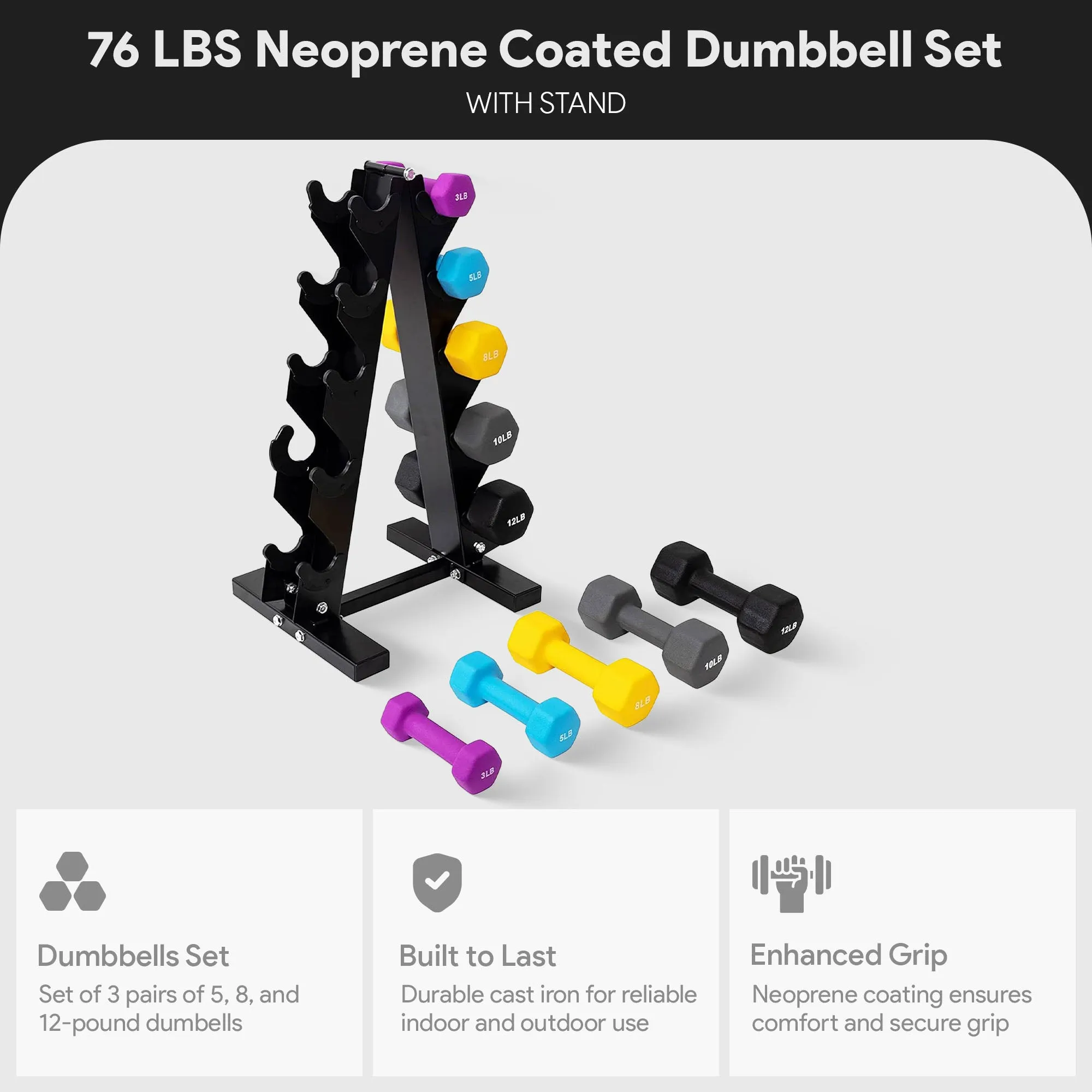 BalanceFrom Fitness 76 Pound Neoprene Coated Dumbbell Set with Stand, Multicolor