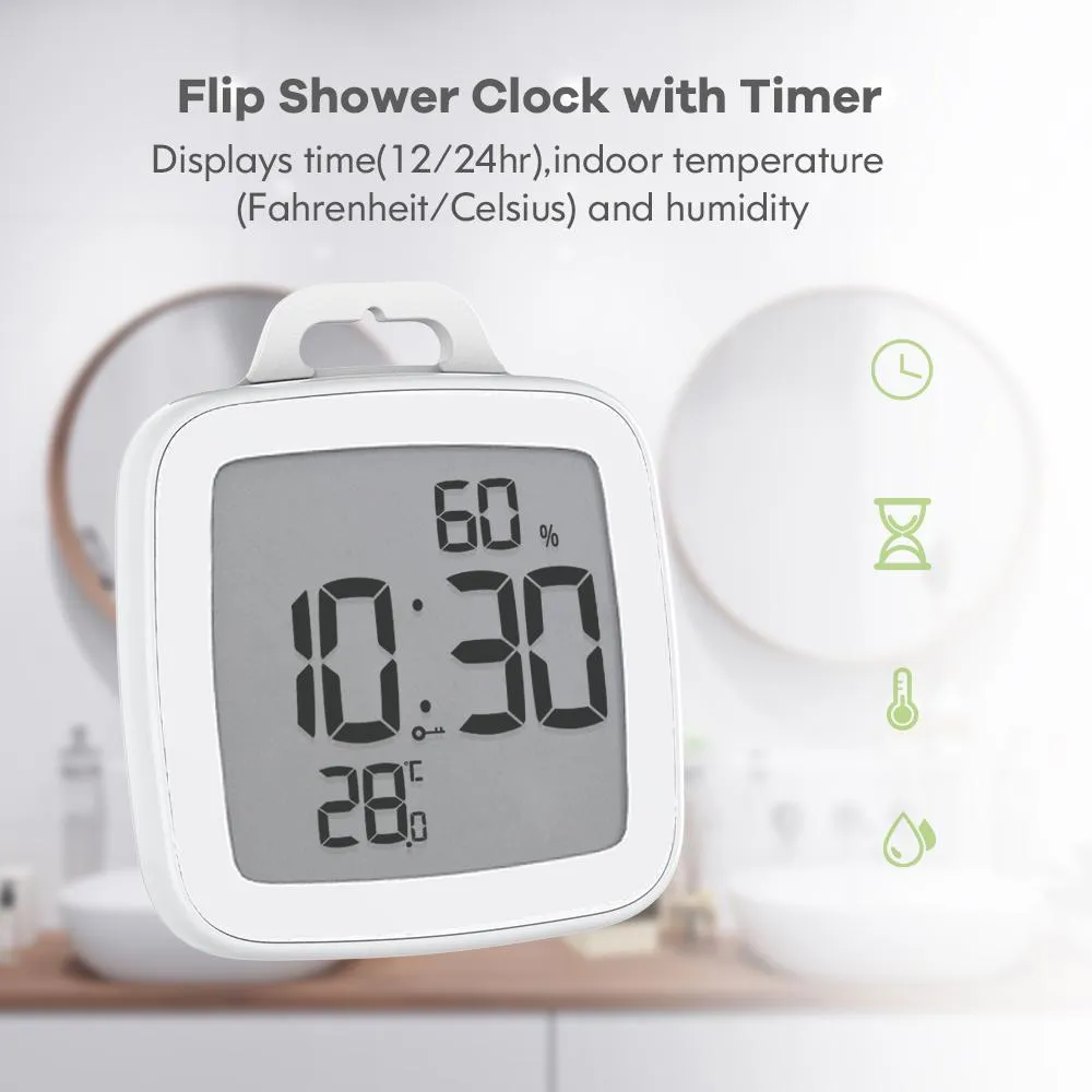 BALDR Waterproof Shower Clock with Timer for Bathrooms - Displays Time, Temperature & Humidity - w/ Built-in Stand & Wall Mount Hole