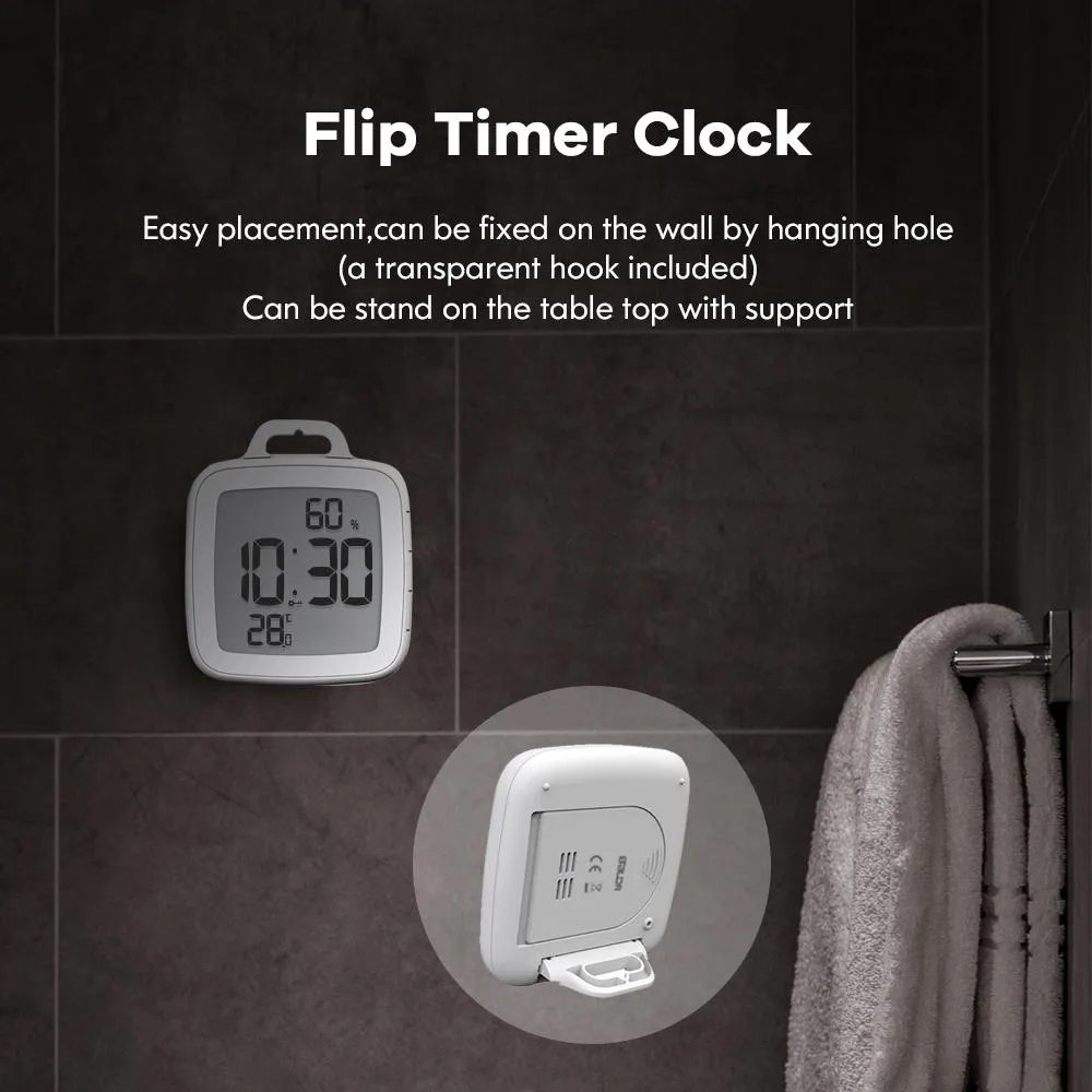 BALDR Waterproof Shower Clock with Timer for Bathrooms - Displays Time, Temperature & Humidity - w/ Built-in Stand & Wall Mount Hole