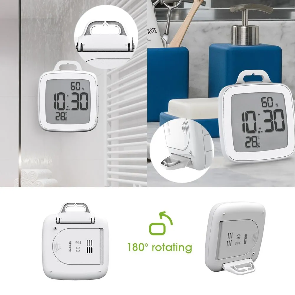 BALDR Waterproof Shower Clock with Timer for Bathrooms - Displays Time, Temperature & Humidity - w/ Built-in Stand & Wall Mount Hole