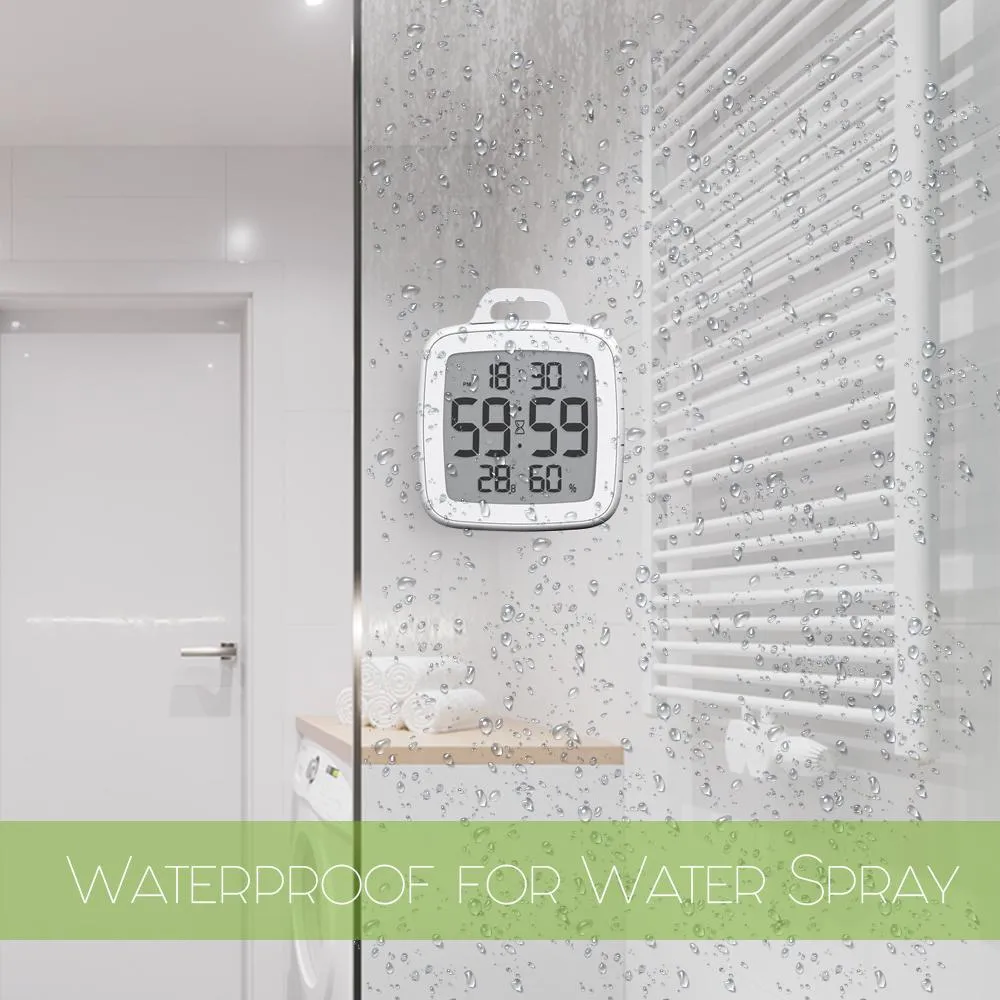 BALDR Waterproof Shower Clock with Timer for Bathrooms - Displays Time, Temperature & Humidity - w/ Built-in Stand & Wall Mount Hole