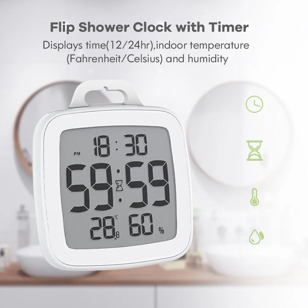 BALDR Waterproof Shower Clock with Timer for Bathrooms - Displays Time, Temperature & Humidity - w/ Built-in Stand & Wall Mount Hole