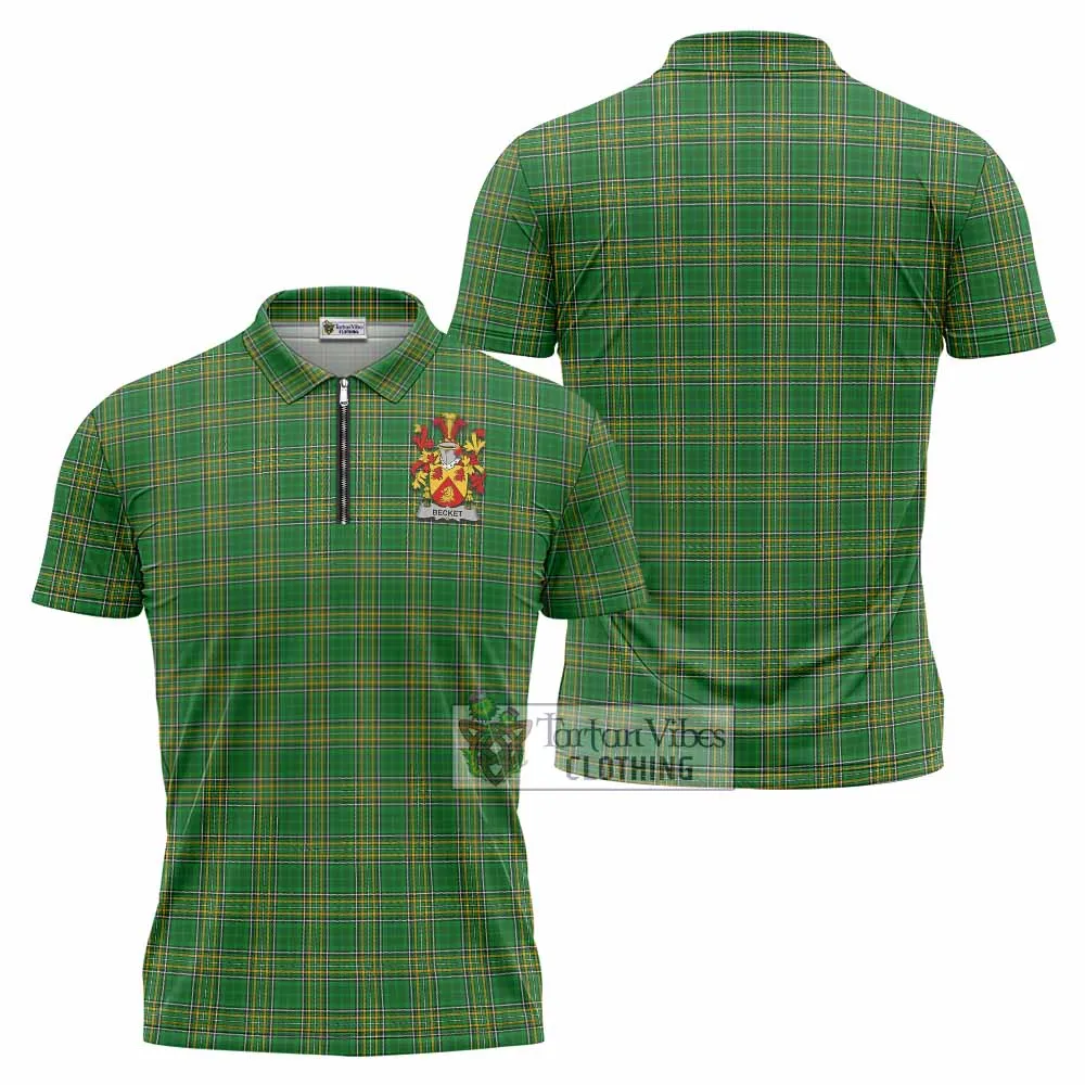 Becket Irish Clan Tartan Zipper Polo Shirt with Coat of Arms