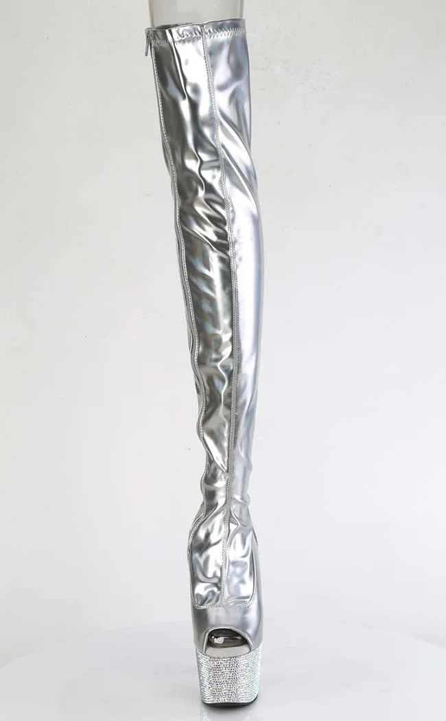 BEJEWELED-3011-7 Silver Holo Rhinestone Thigh-High Boots