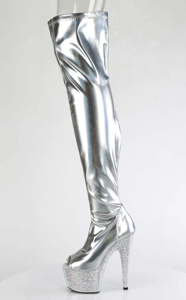 BEJEWELED-3011-7 Silver Holo Rhinestone Thigh-High Boots