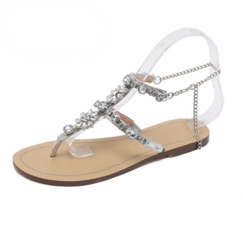 Bejeweled Floral Summer Sandals with Chains