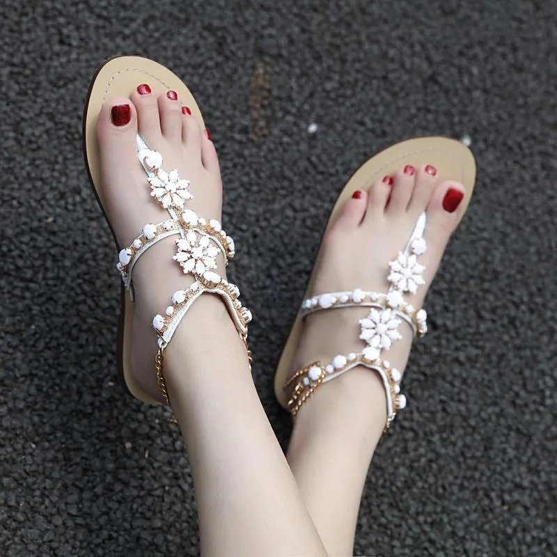 Bejeweled Floral Summer Sandals with Chains