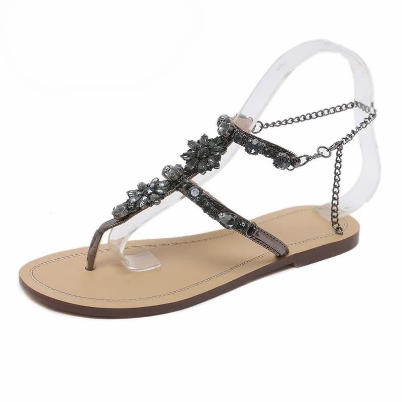 Bejeweled Floral Summer Sandals with Chains