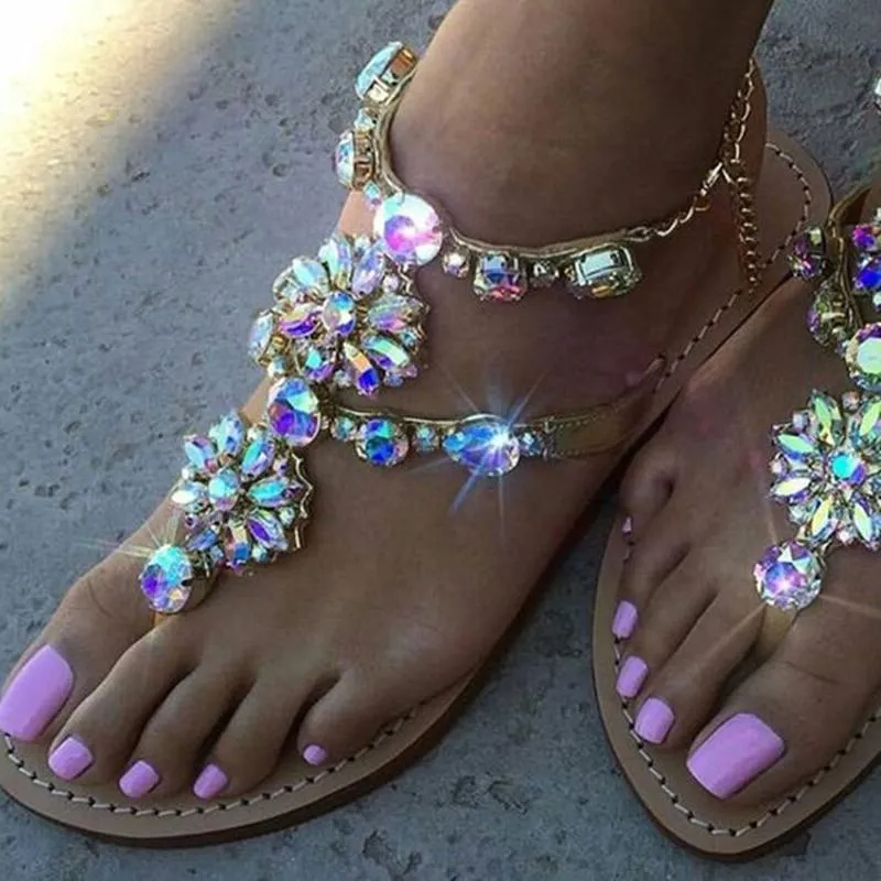 Bejeweled Floral Summer Sandals with Chains