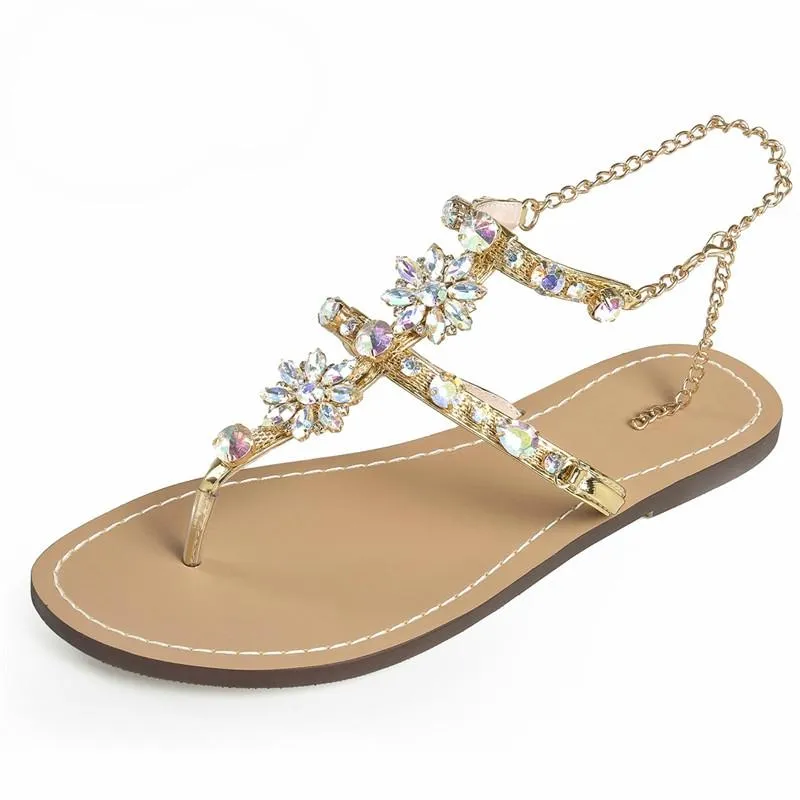 Bejeweled Floral Summer Sandals with Chains