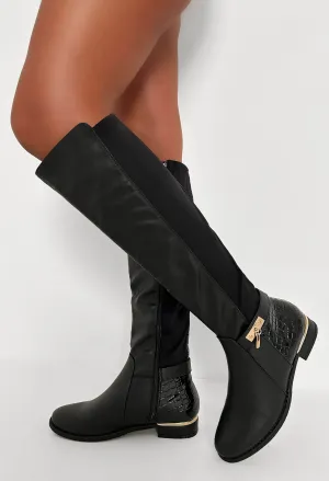 Big City Dreams Black Stretch Gold Detail Knee Boots