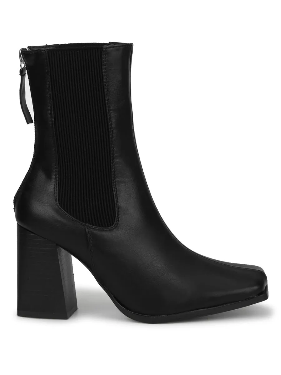 Black PU Back Zip Ankle Boots