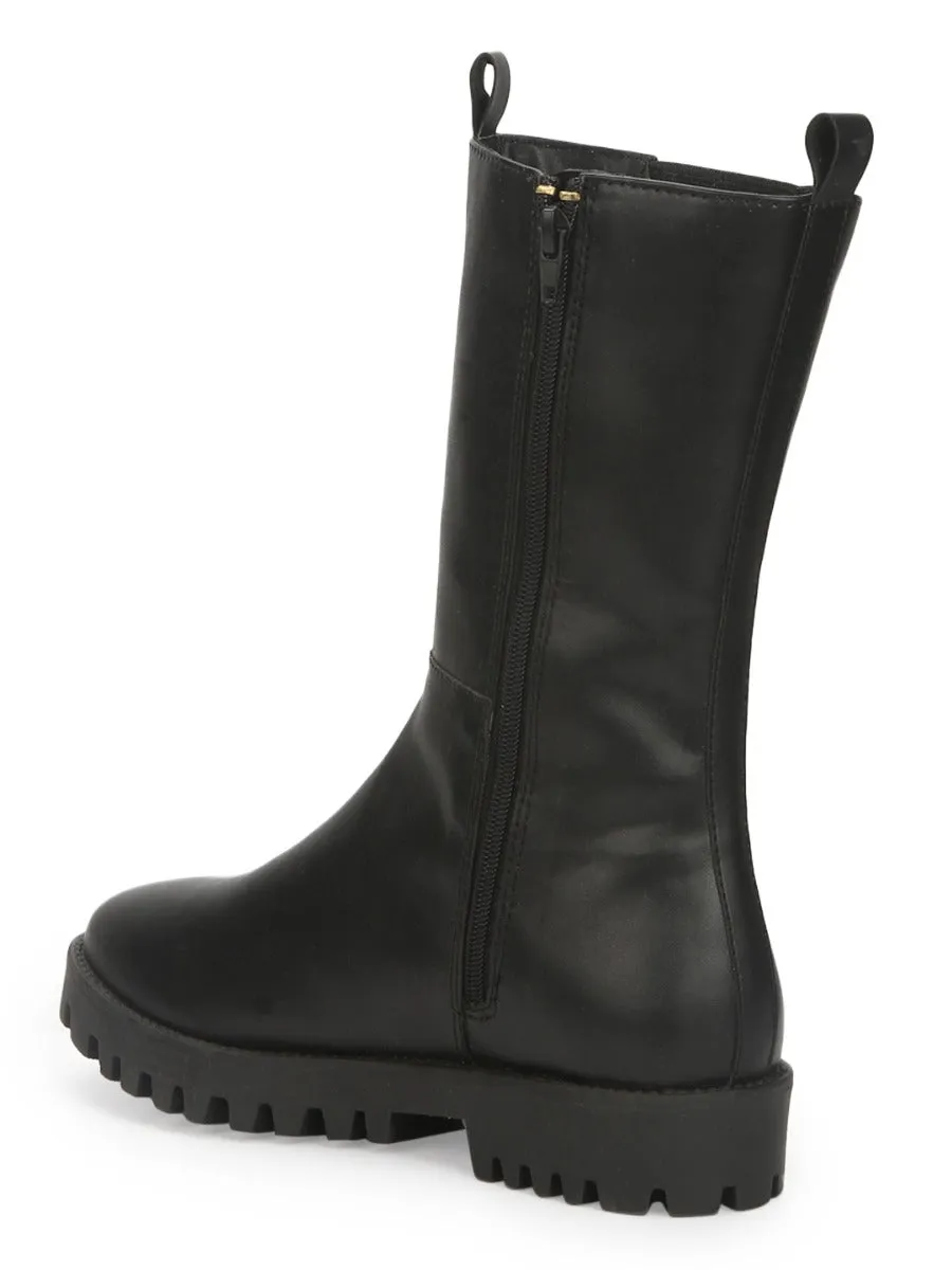 Black PU Slide On Calf Length Boots