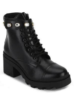 Black PU Stud Belt Lace-up Low Block Heel Ankle Boots