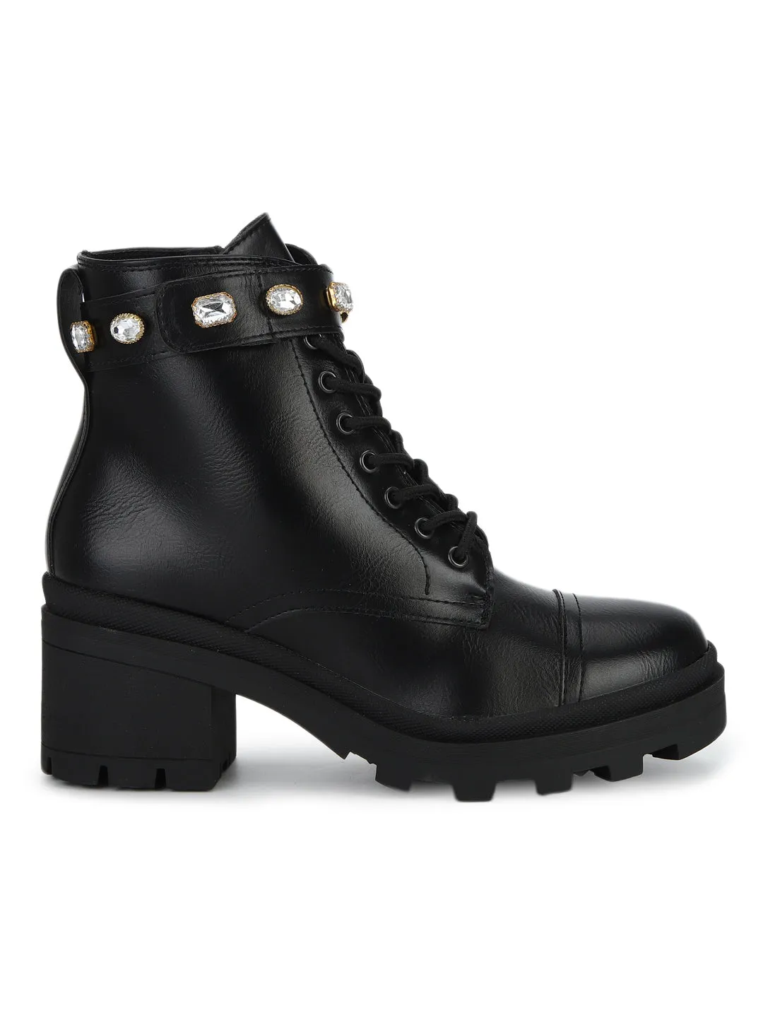 Black PU Stud Belt Lace-up Low Block Heel Ankle Boots