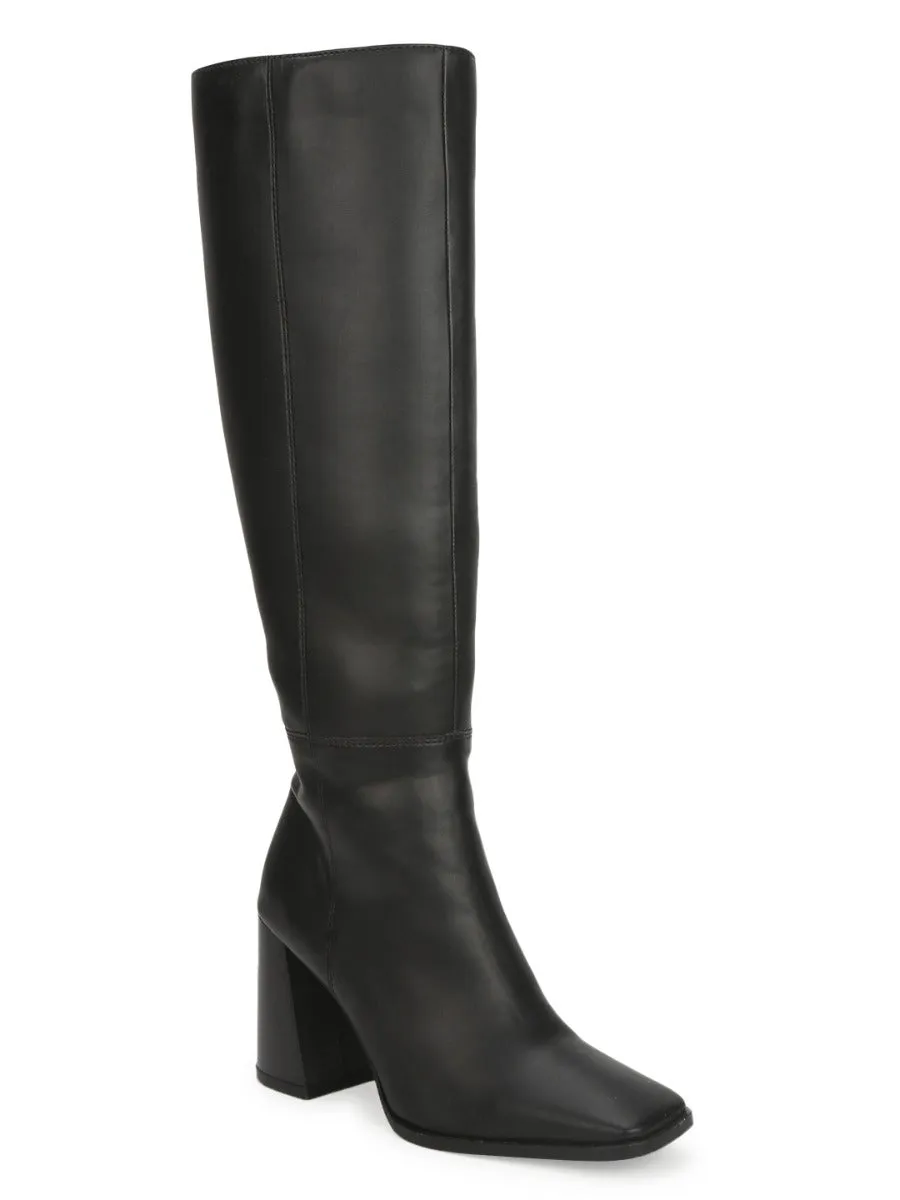 Black PU Thigh High Block Heel Boots