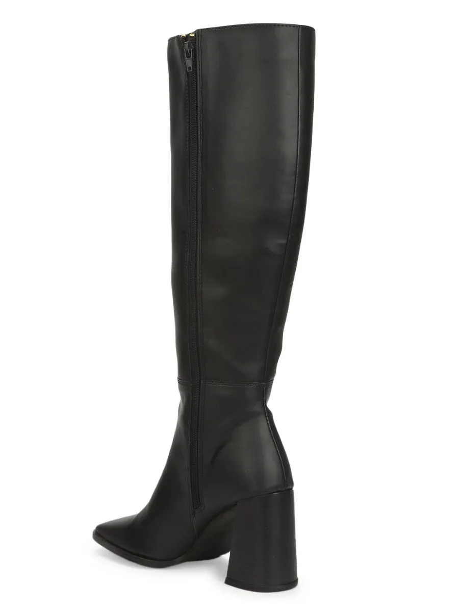 Black PU Thigh High Block Heel Boots