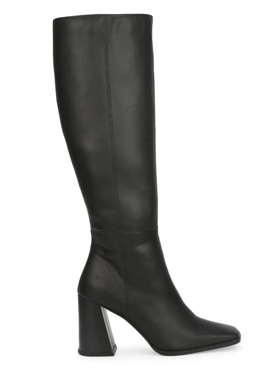 Black PU Thigh High Block Heel Boots