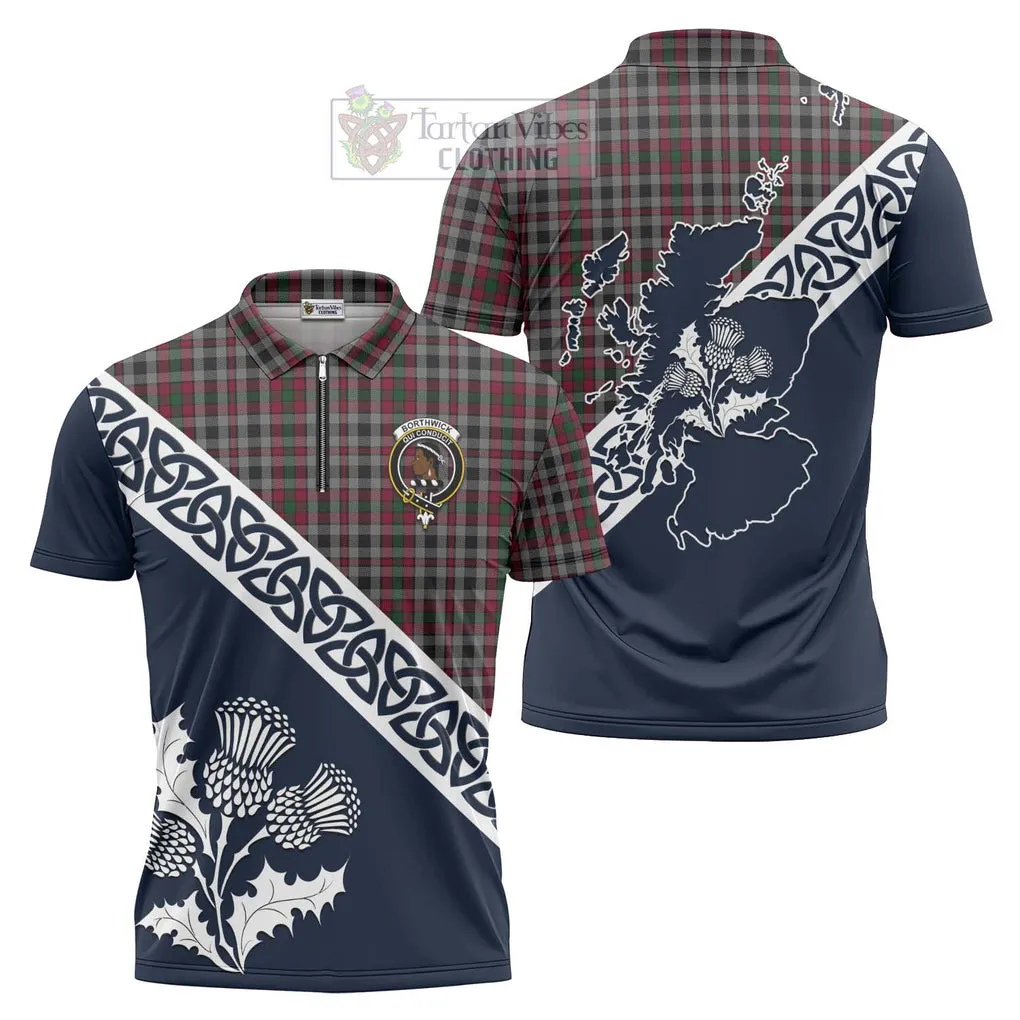 Borthwick Tartan Zipper Polo Shirt Featuring Thistle and Scotland Map