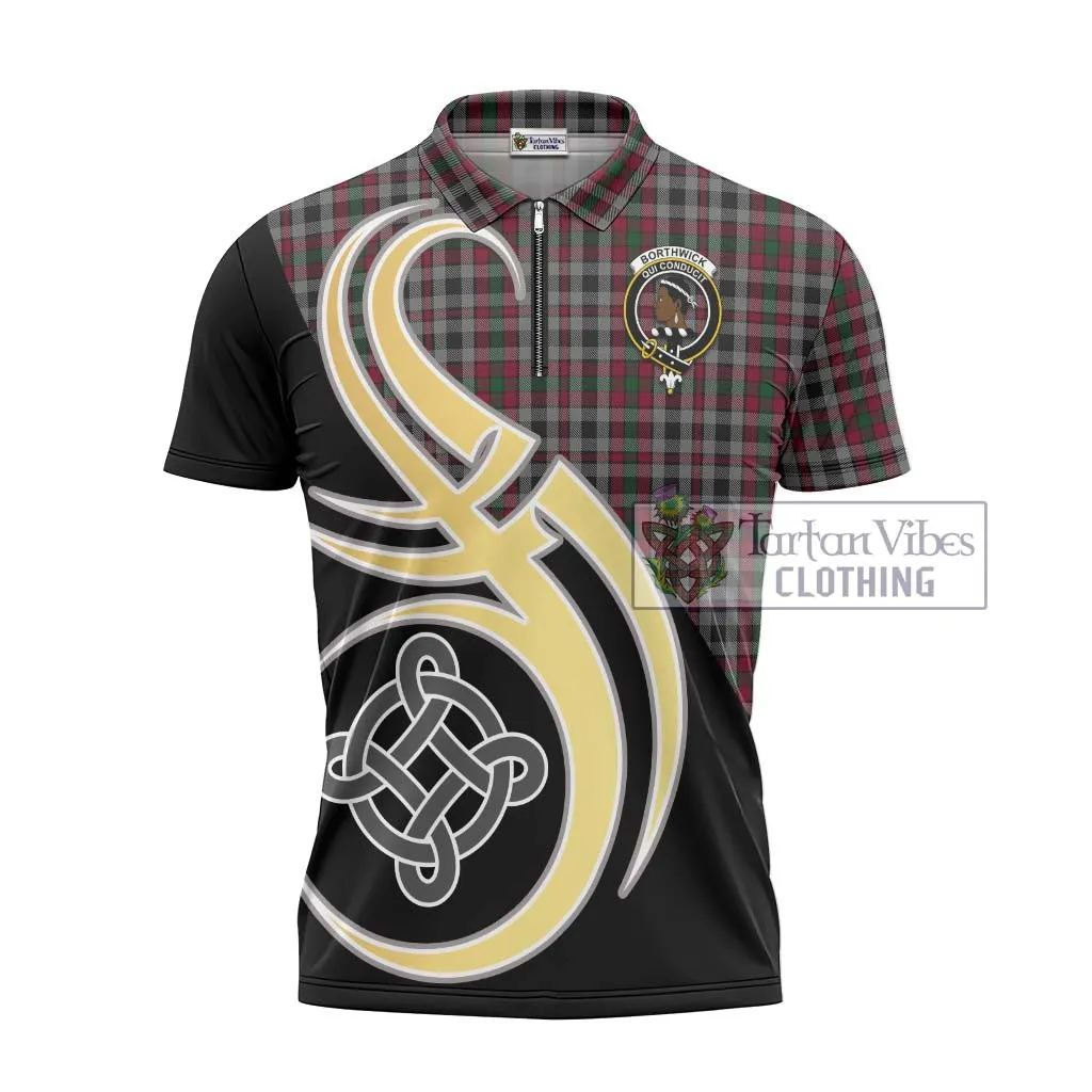 Borthwick Tartan Zipper Polo Shirt with Family Crest and Celtic Symbol Style