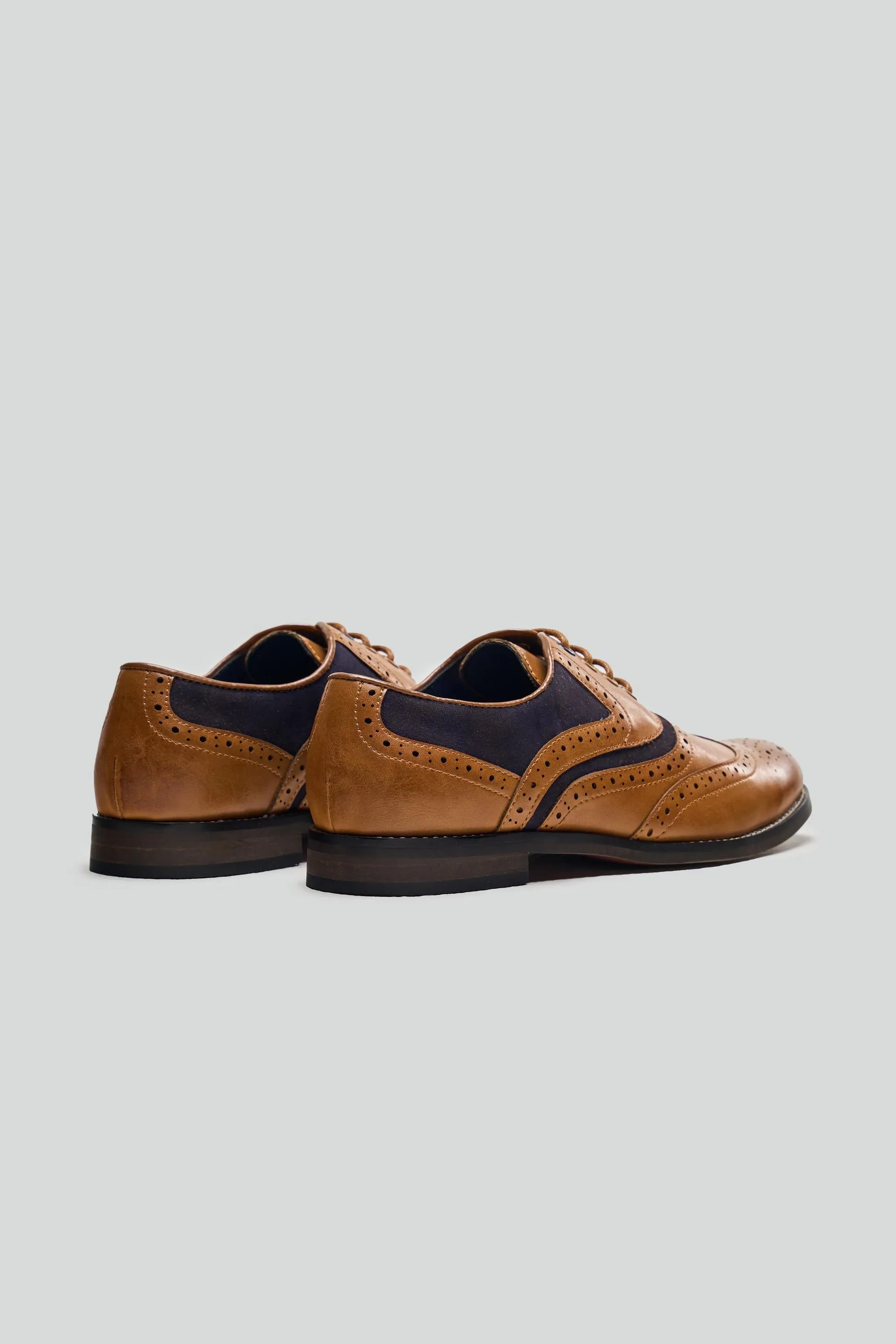 Boys Lace Up Oxford Brogue shoes - RUSSEL - Tan Brown - Navy Blue