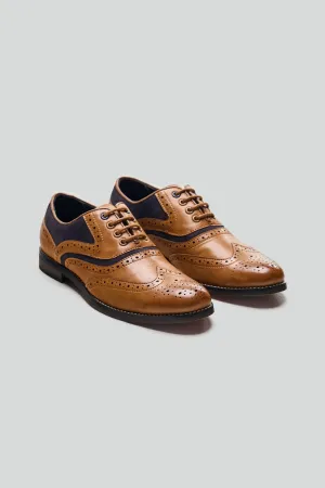 Boys Lace Up Oxford Brogue shoes - RUSSEL - Tan Brown - Navy Blue