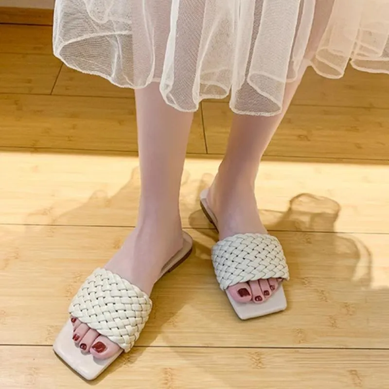 Braided Open Toe Slip-On Flat Slippers