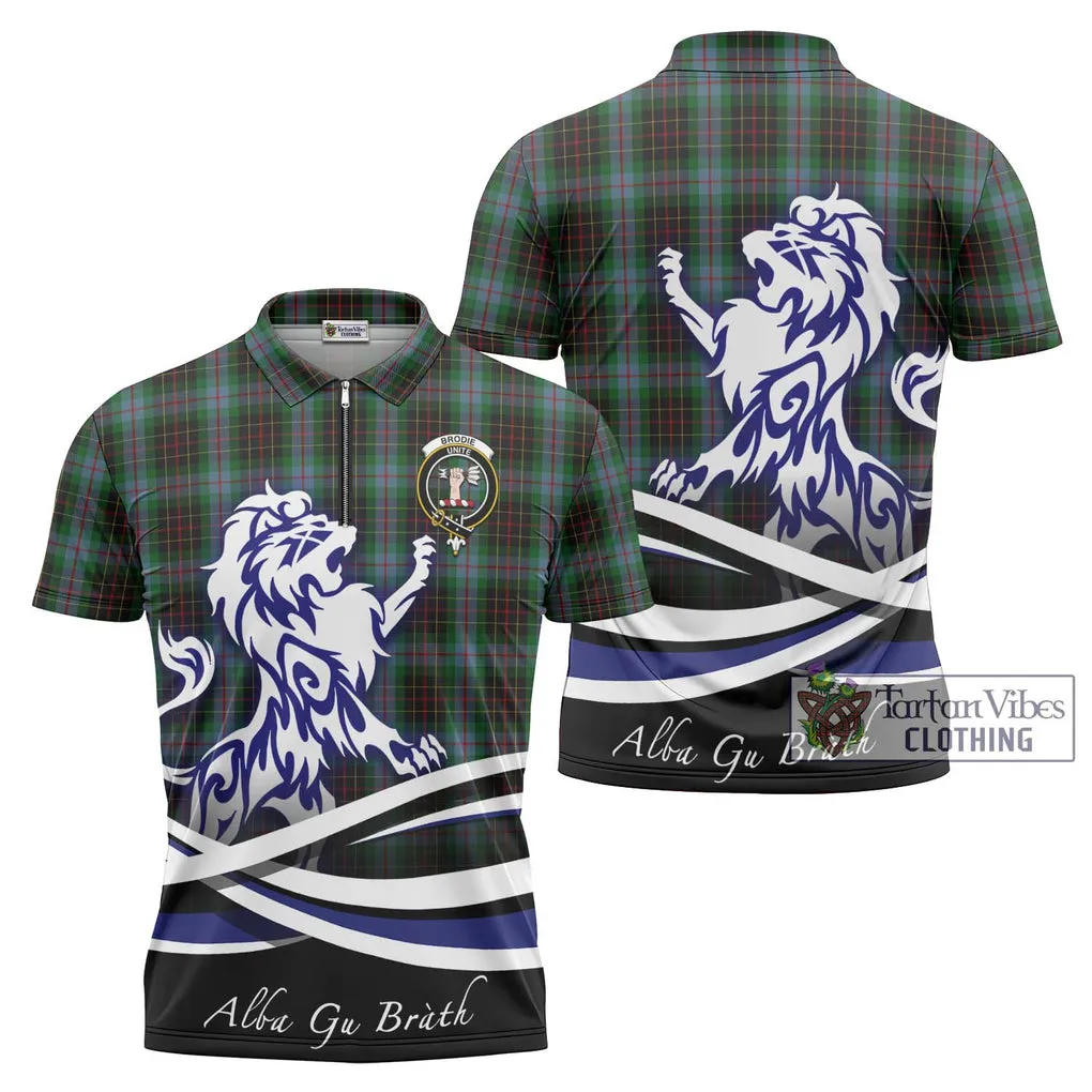 Brodie Hunting Tartan Zipper Polo Shirt with Alba Gu Brath Regal Lion Emblem