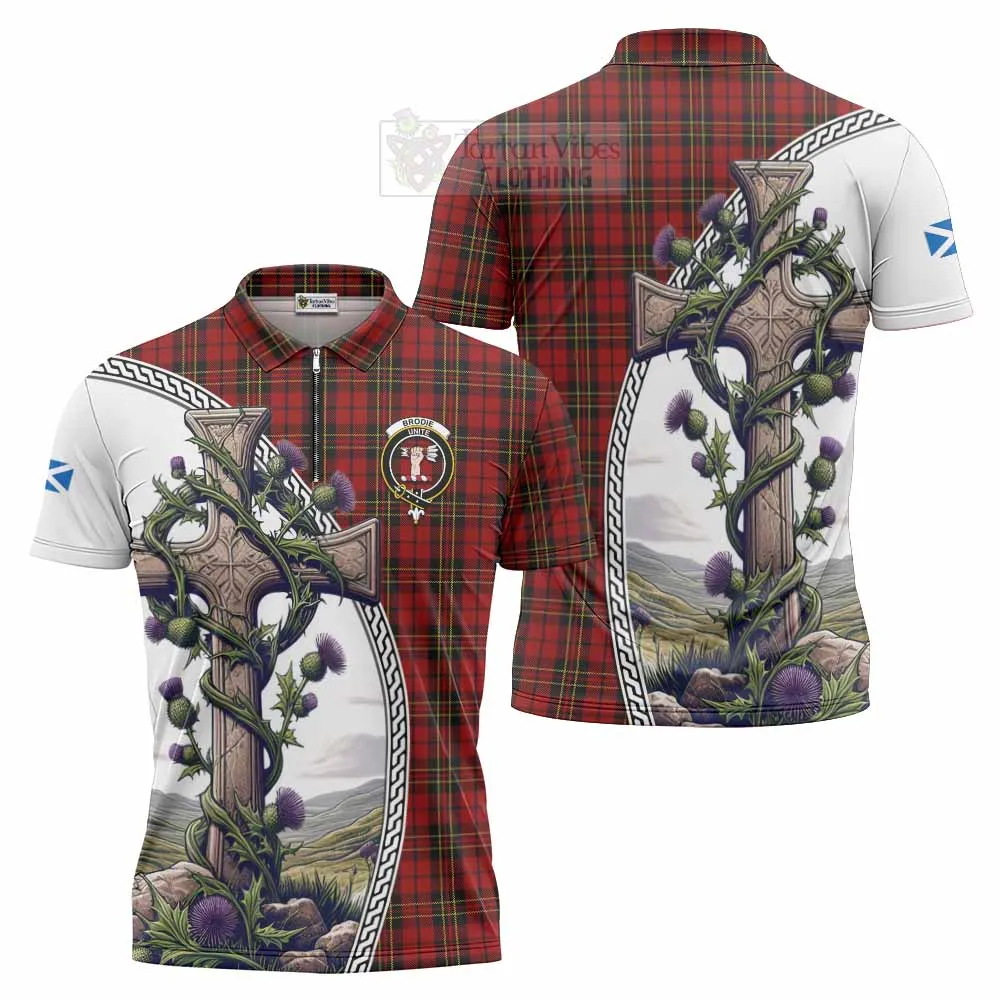 Brodie Tartan Zipper Polo Shirt with Family Crest and St. Andrew's Cross Accented by Thistle Vines