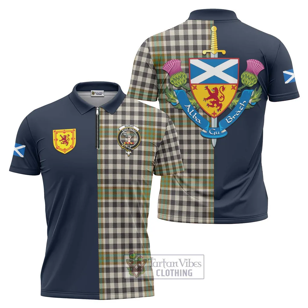 Burns Check Tartan Zipper Polo Shirt Alba with Scottish Lion Royal Arm Half Style