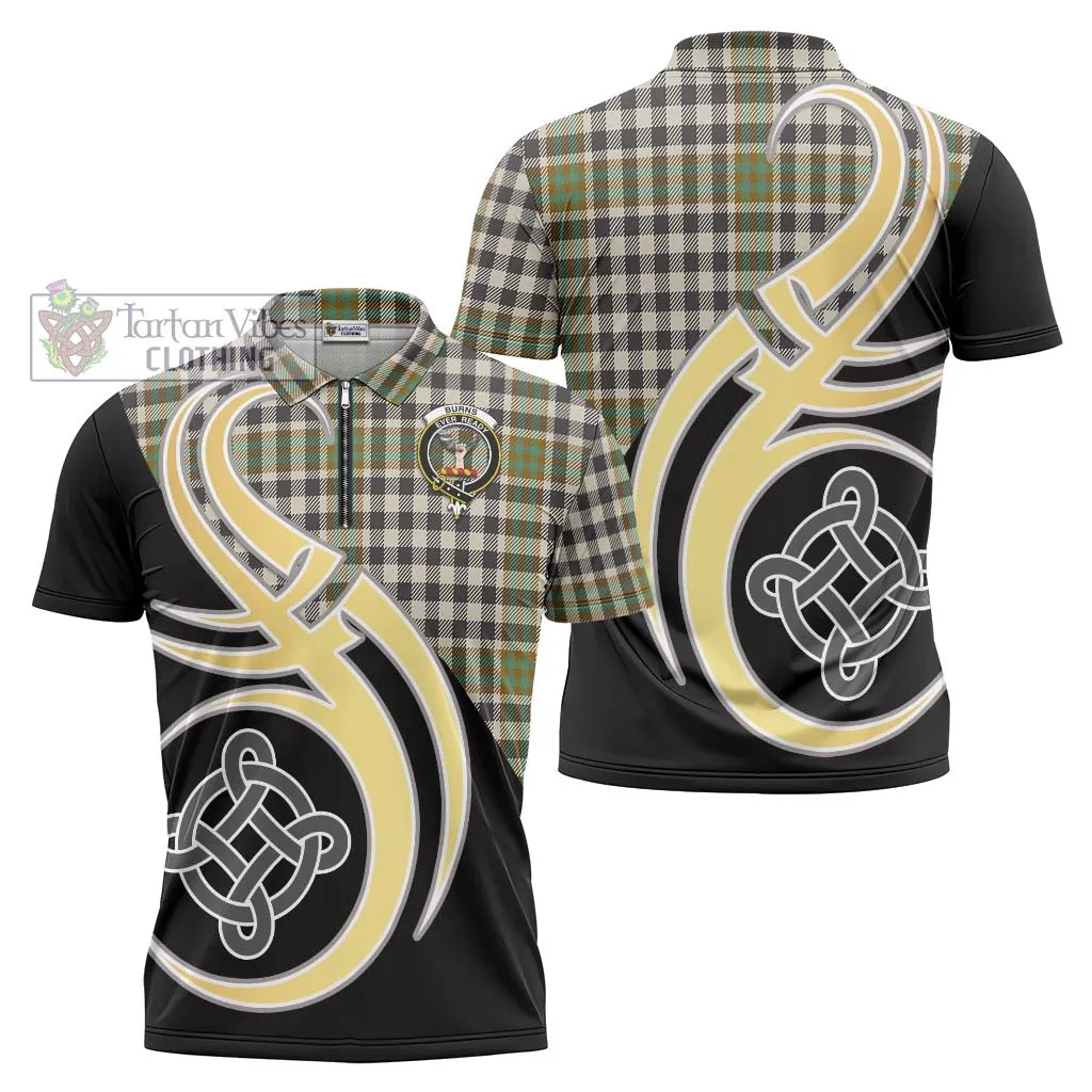 Burns Check Tartan Zipper Polo Shirt with Family Crest and Celtic Symbol Style