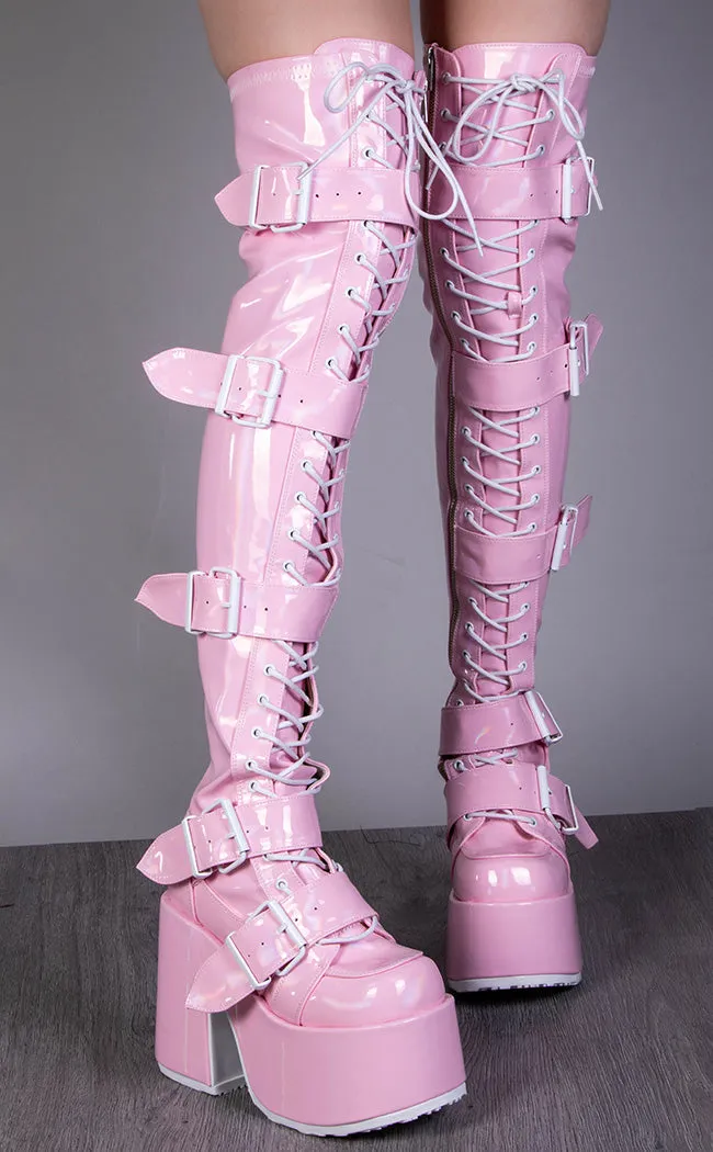 CAMEL-305 Baby Pink Holo Thigh High Boots