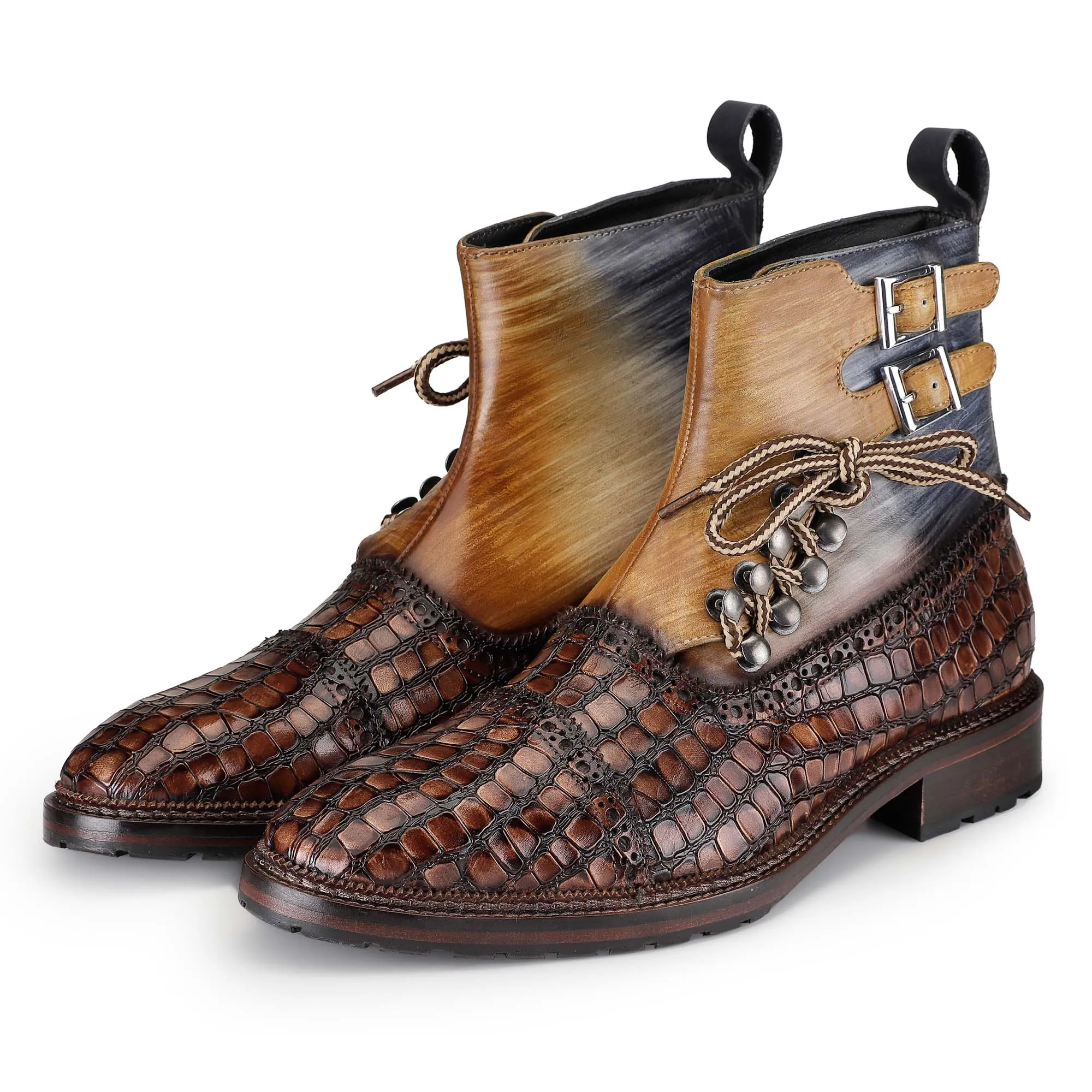 Cap Toe  Lace up Boots - Croc Brown