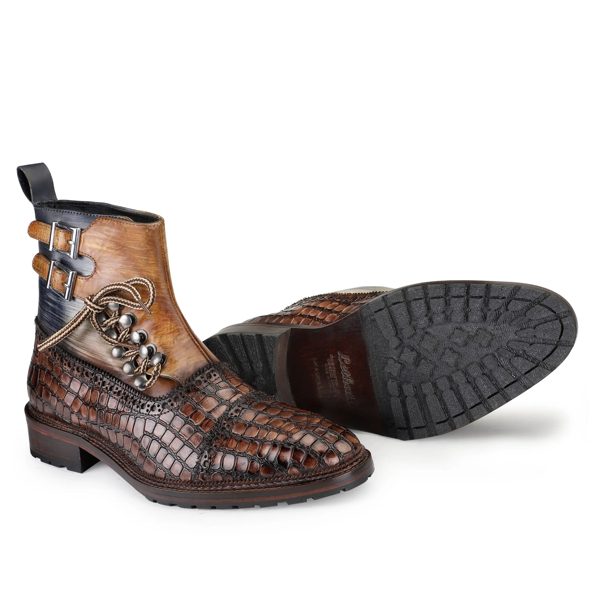 Cap Toe  Lace up Boots - Croc Brown