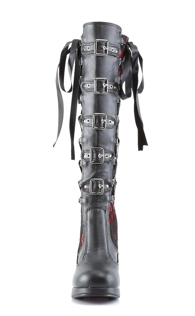 CRYPTO-106 Black & Red Lace Knee High Boots