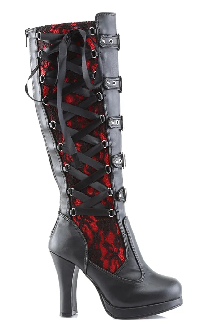 CRYPTO-106 Black & Red Lace Knee High Boots